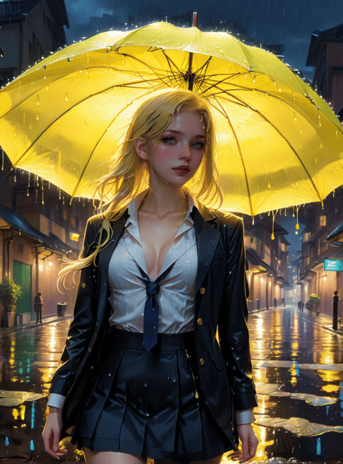 woman, umbrella, street, rain, building, store
