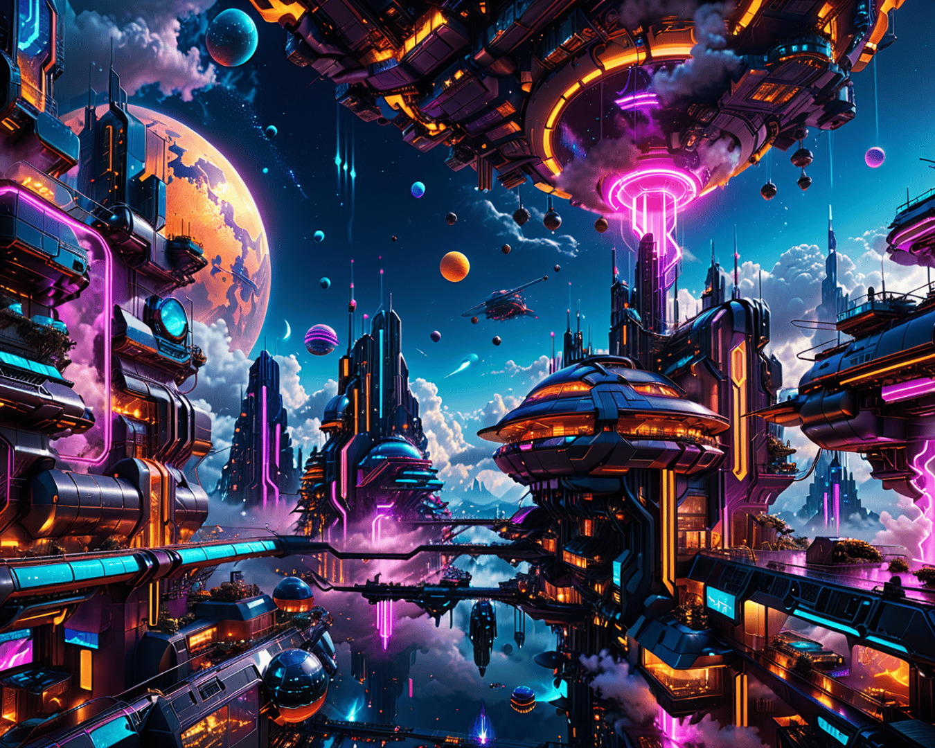 AI generated wallpaper featuring city, spaceships, planets