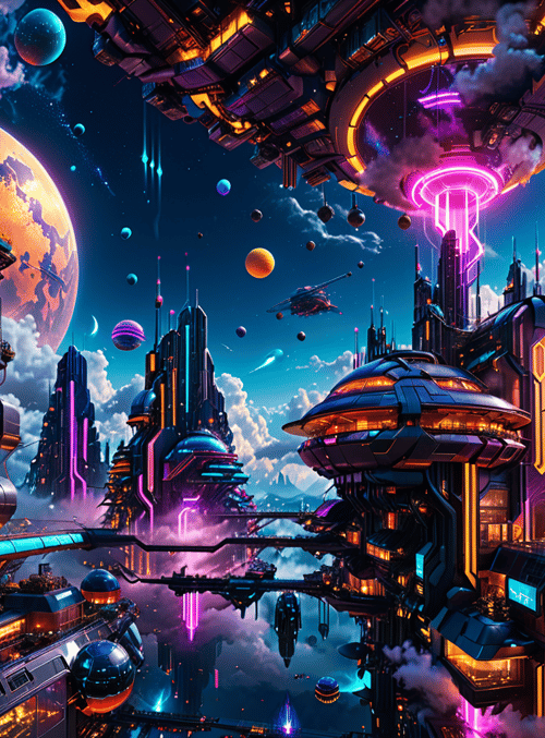 city, spaceships, planets