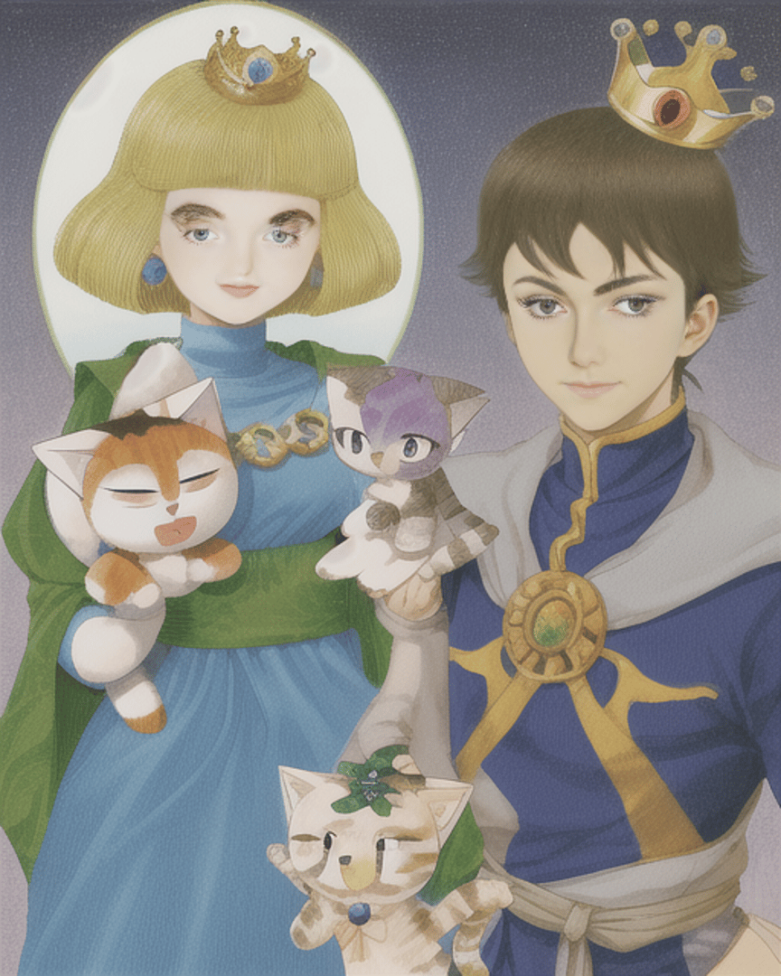 AI generated wallpaper featuring prince, princess, kittens