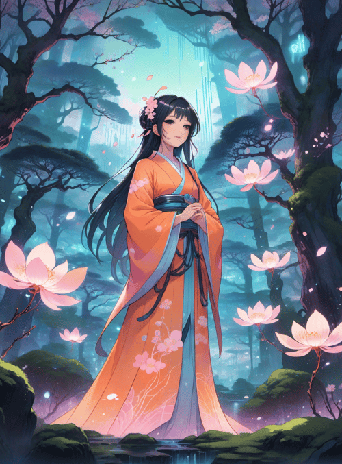 woman, lotus, forest