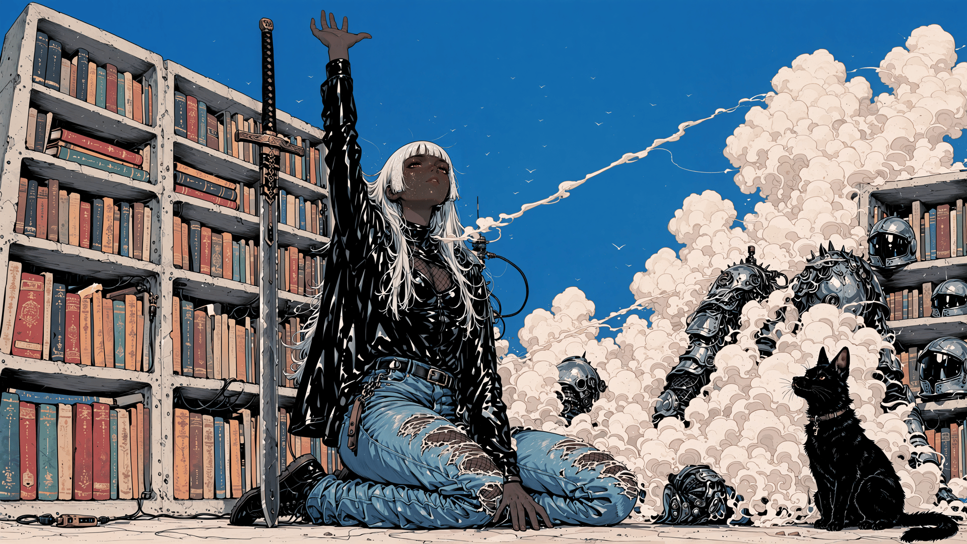 AI generated wallpaper featuring woman, bookshelf, sword, mecha, cat, smoke, helmet, books, jeans, gloves
