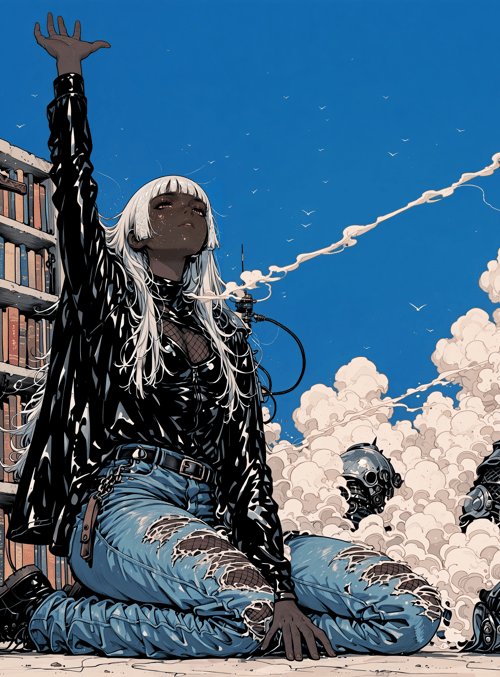 woman, bookshelf, sword, mecha, cat, smoke, helmet, books, jeans, gloves