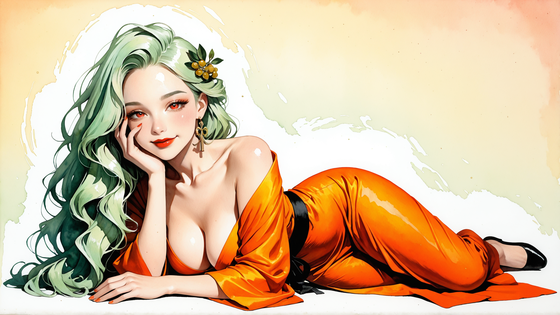 AI generated wallpaper featuring woman, green hair, orange outfit, jewelry, flower accessory
