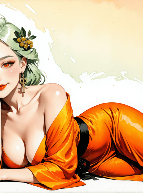 woman, green hair, orange outfit, jewelry, flower accessory