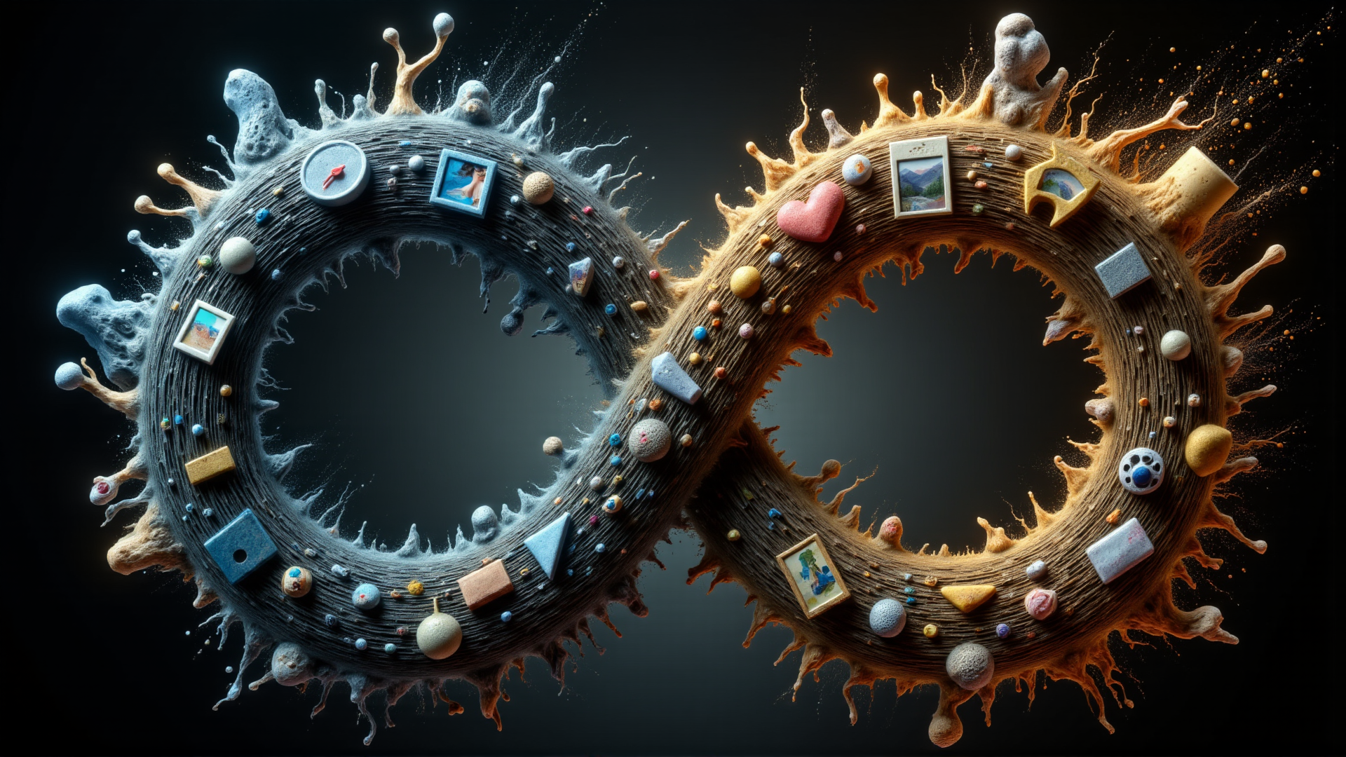 AI generated wallpaper featuring infinity symbol, collage elements, abstract shapes