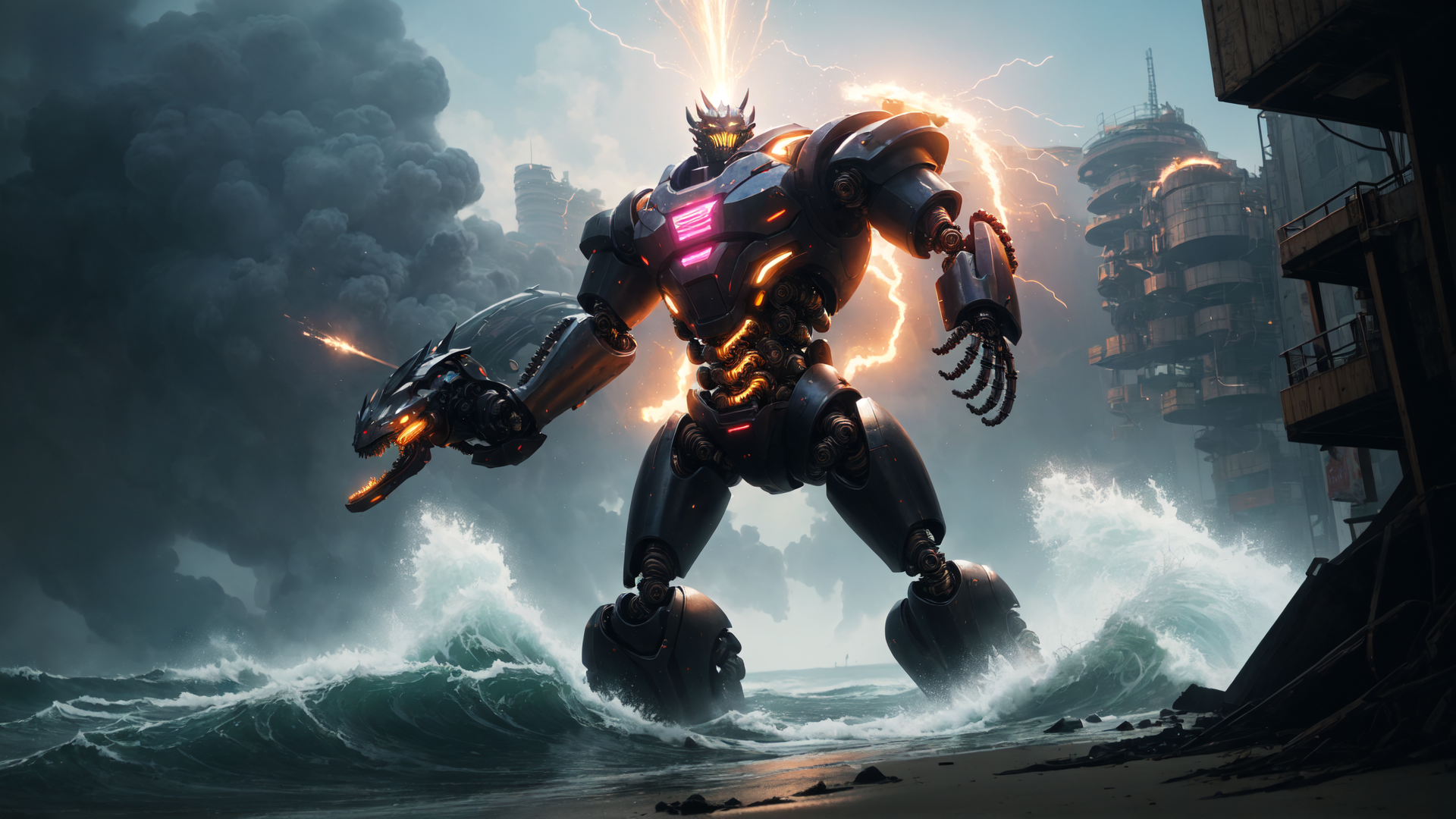 AI generated wallpaper featuring robot, mech, dragon, city, wave, storm, building, smoke, lightning, gears