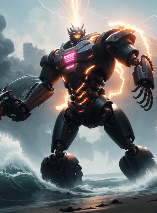 robot, mech, dragon, city, wave, storm, building, smoke, lightning, gears