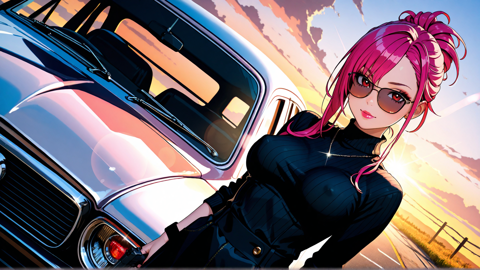 AI generated wallpaper featuring woman, car, sunset, road
