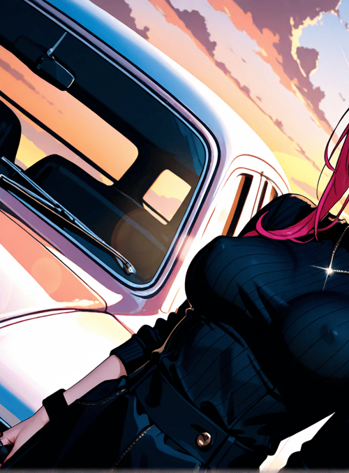 woman, car, sunset, road