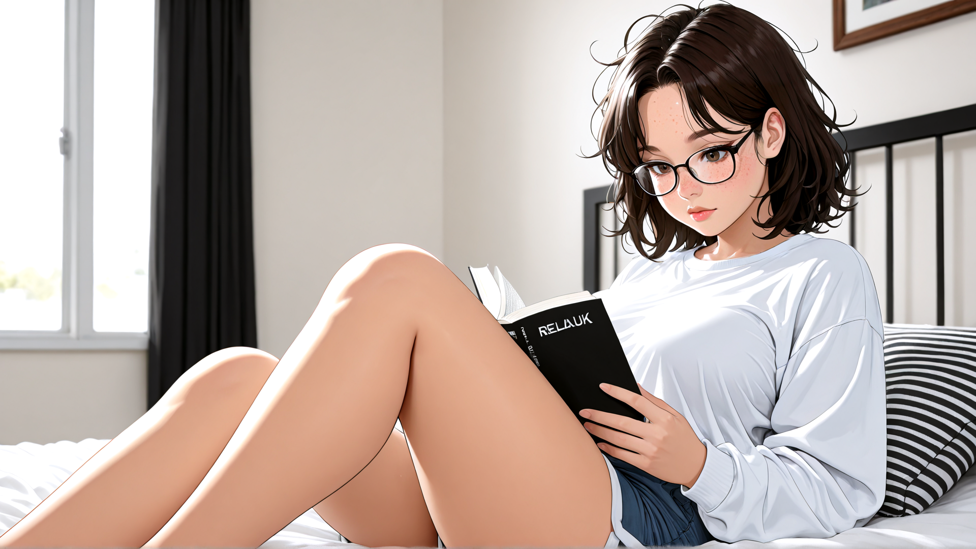 AI generated wallpaper featuring woman, book, bed, glasses