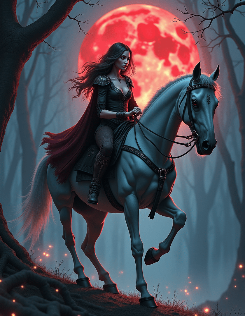 AI generated wallpaper featuring woman, horse, forest, moon, tree