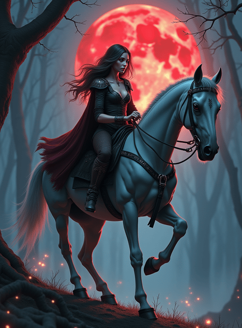 woman, horse, forest, moon, tree