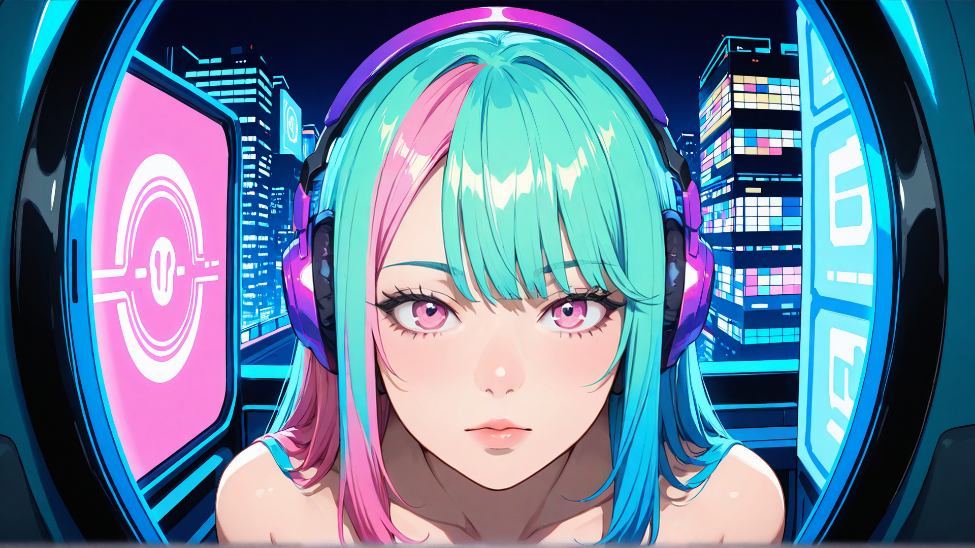 AI generated wallpaper featuring girl, headphones, cityscape, screen, neon