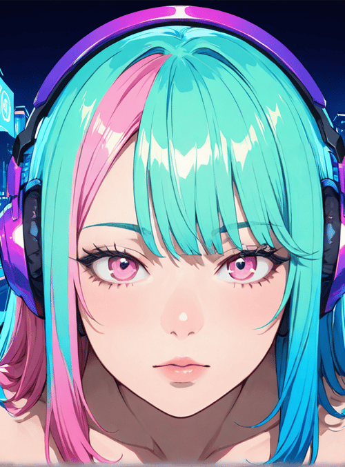 girl, headphones, cityscape, screen, neon