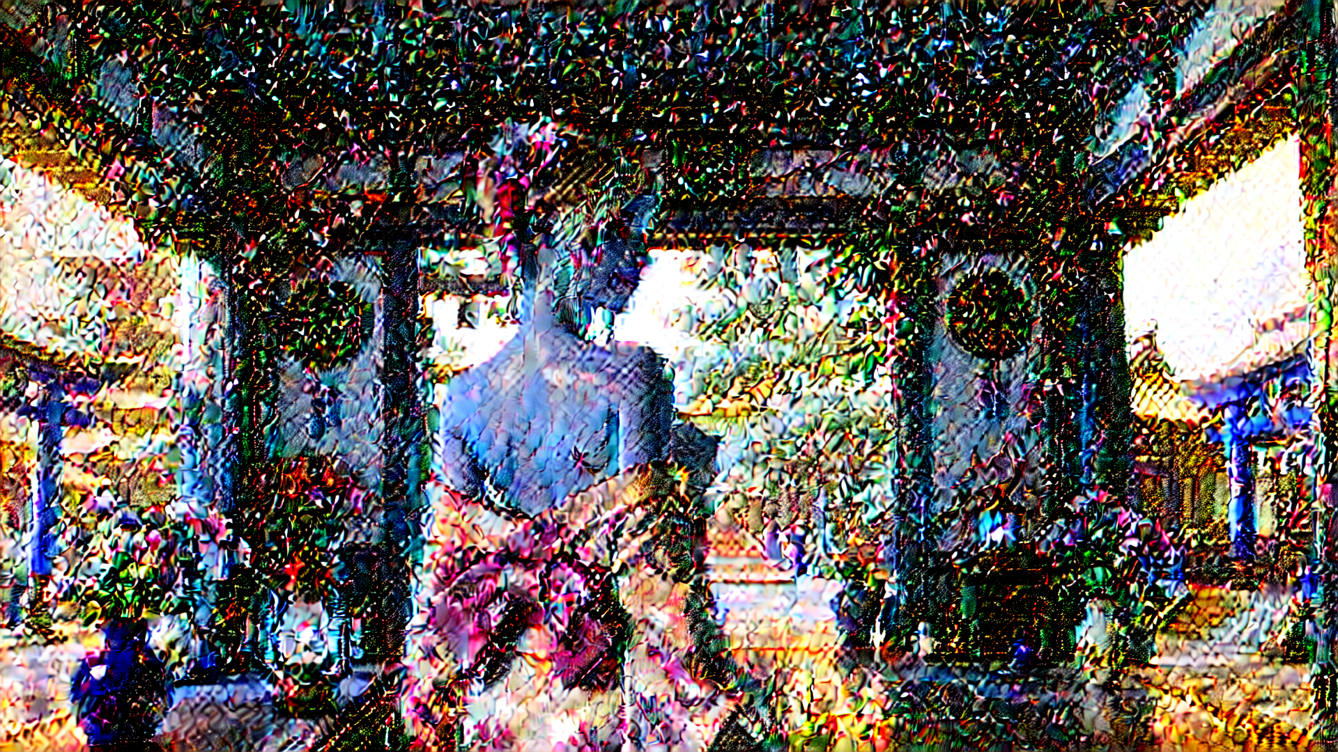 AI generated wallpaper featuring statue, garden, building, trees, people