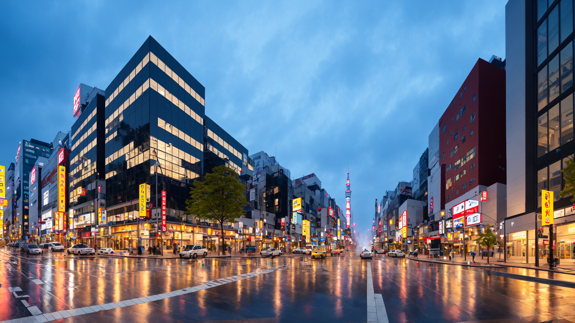 AI generated wallpaper featuring city, street, buildings, signs, cars, road, trees, towers, lights, skyscrapers