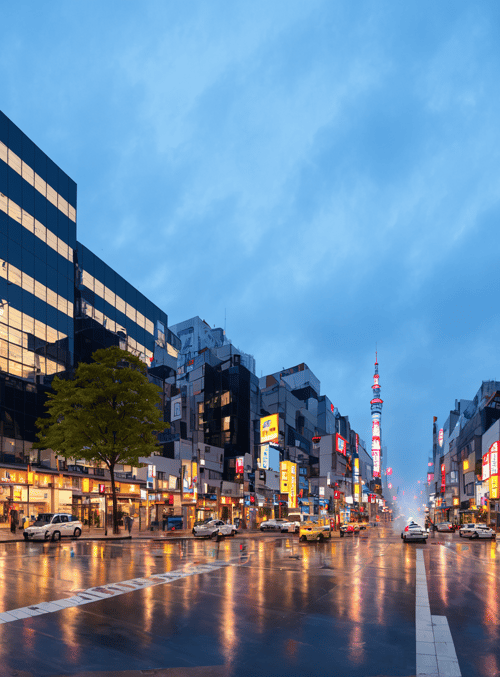 city, street, buildings, signs, cars, road, trees, towers, lights, skyscrapers