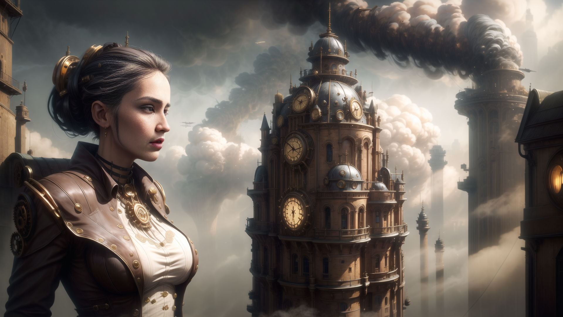 AI generated wallpaper featuring woman, clock tower, steampunk city