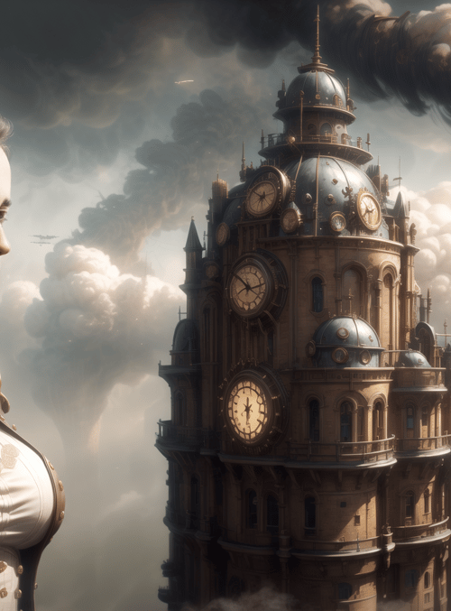 woman, clock tower, steampunk city