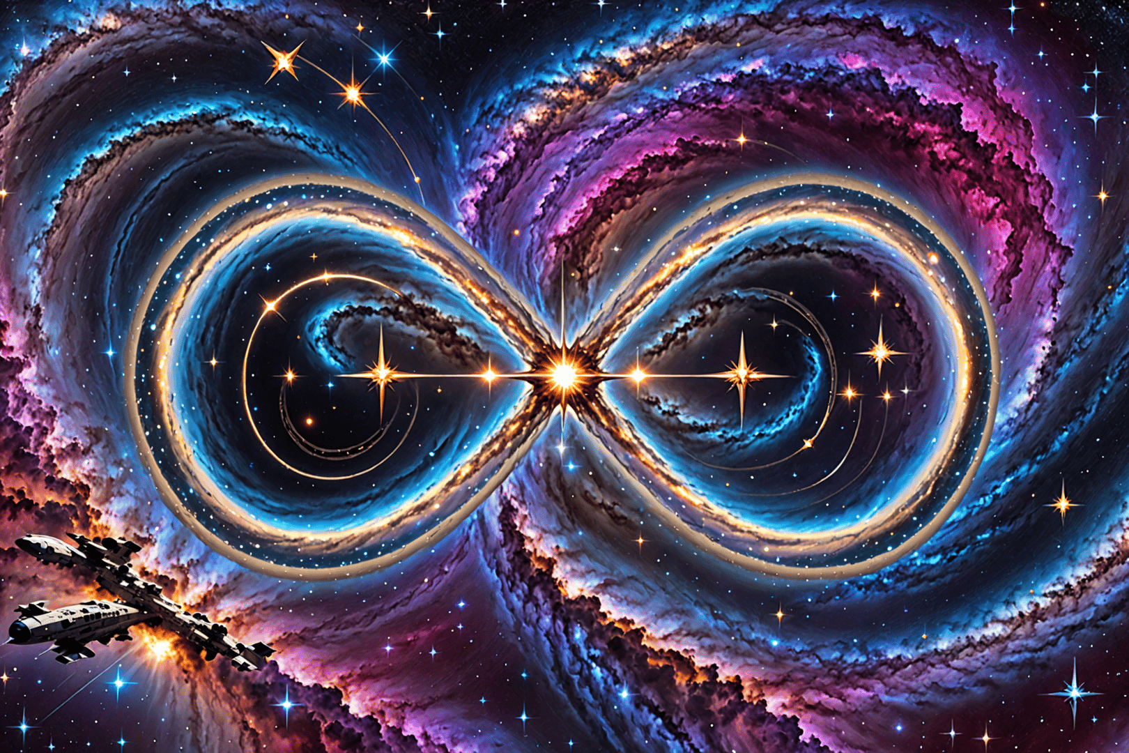 AI generated wallpaper featuring infinity symbol, galaxy, spaceship
