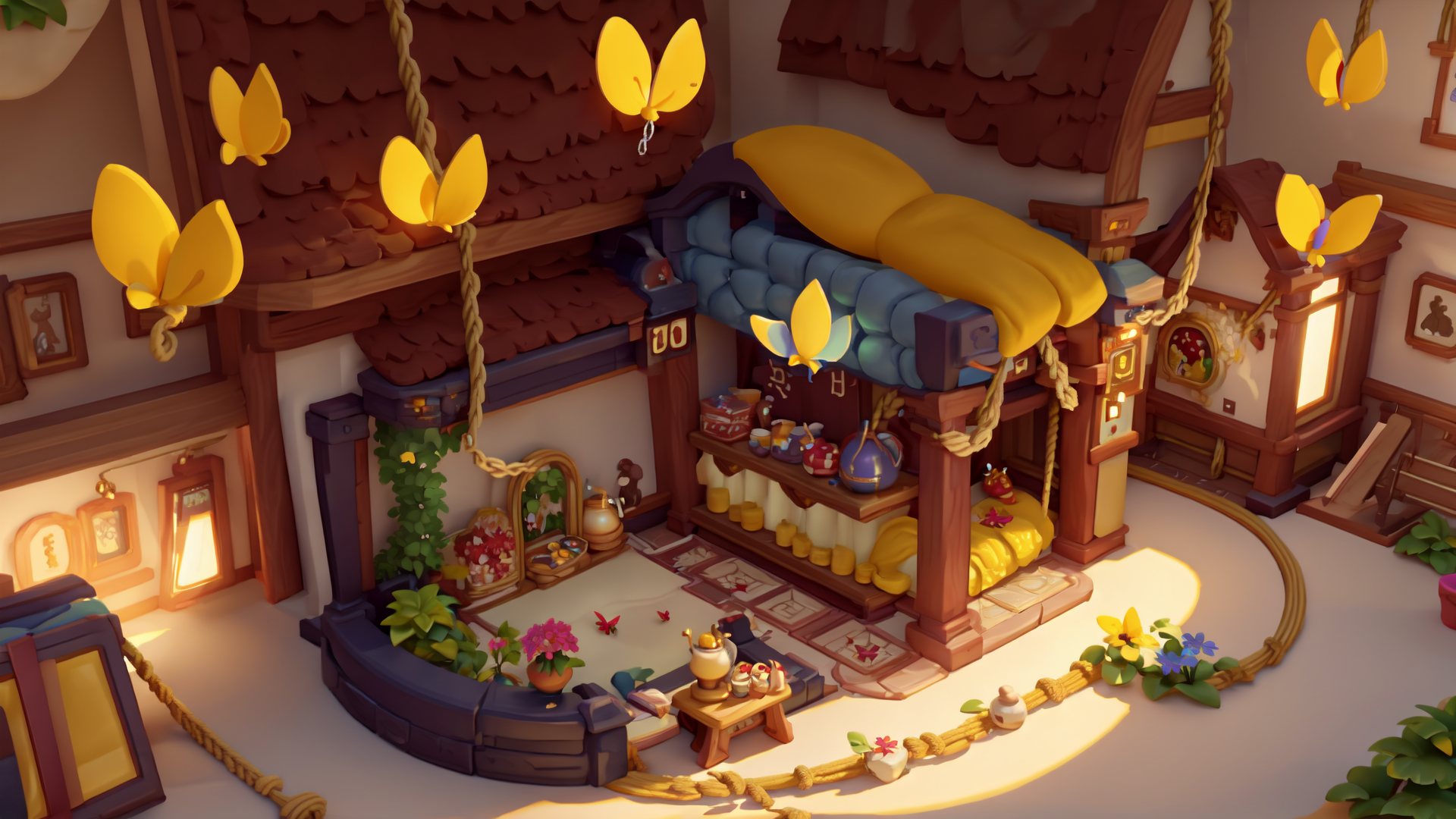 AI generated wallpaper featuring butterfly, bed, cabin, teapot, plants