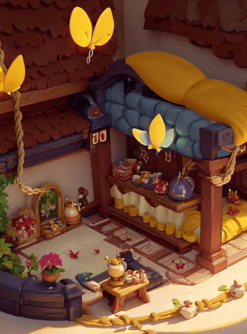 butterfly, bed, cabin, teapot, plants