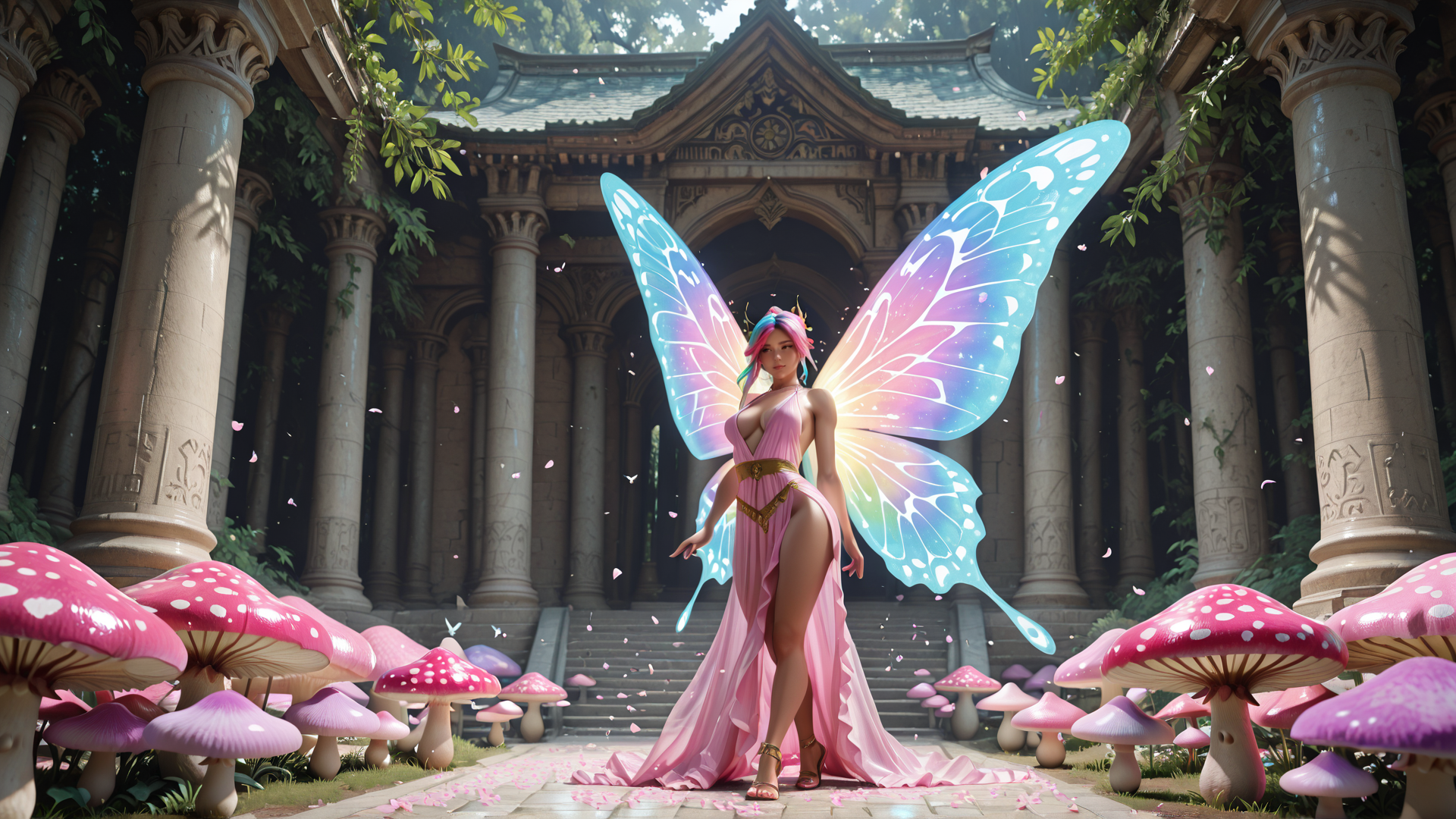 AI generated wallpaper featuring fairy, butterfly, mushroom, column, goddess
