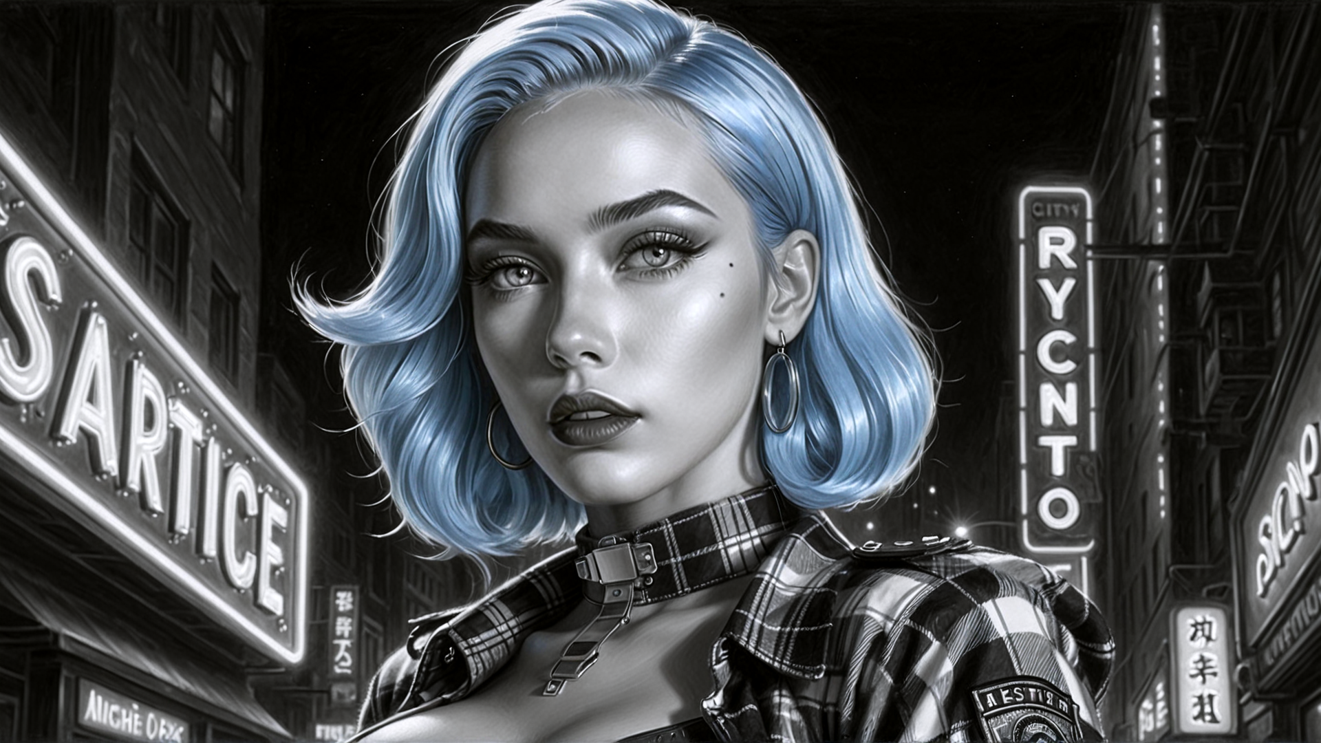 AI generated wallpaper featuring woman, hair, street, sign, necklace, earring, jacket, city, neon, building