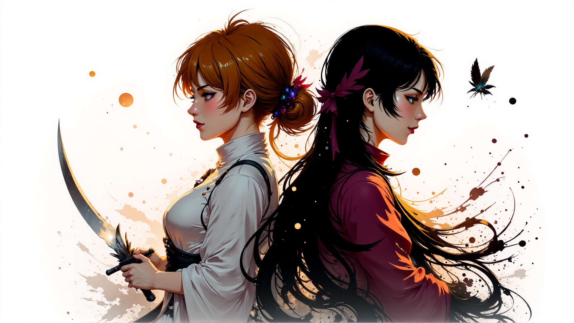 AI generated wallpaper featuring women, sword, feathers, hair