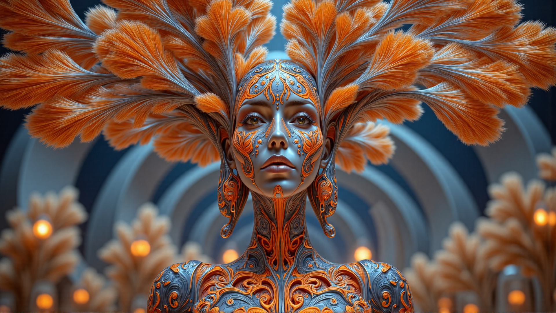 AI generated wallpaper featuring woman, feathers, ornament, body art, fashion