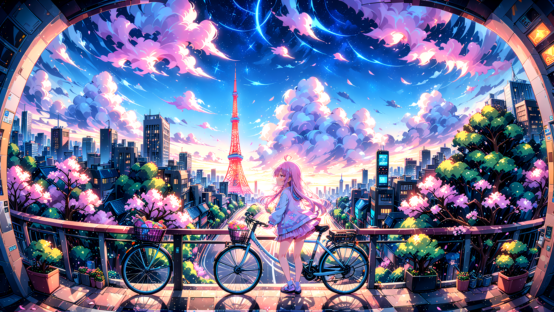 AI generated wallpaper featuring girl, bicycle, tokyo tower