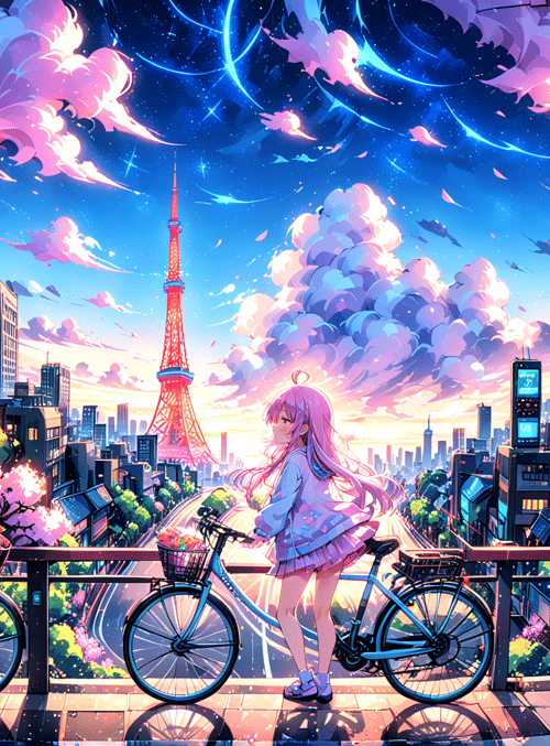 girl, bicycle, tokyo tower