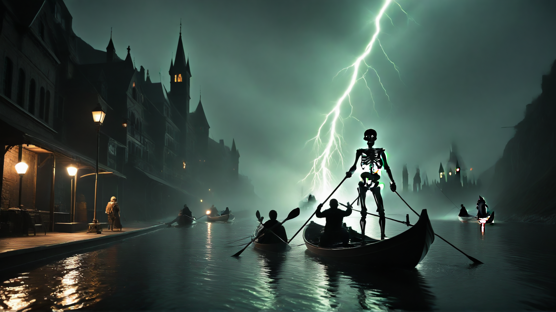 AI generated wallpaper featuring skeleton, gondola, gondoliers