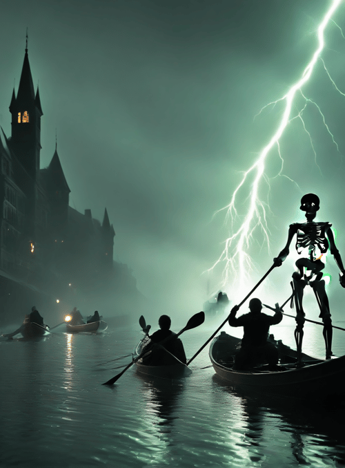 skeleton, gondola, gondoliers