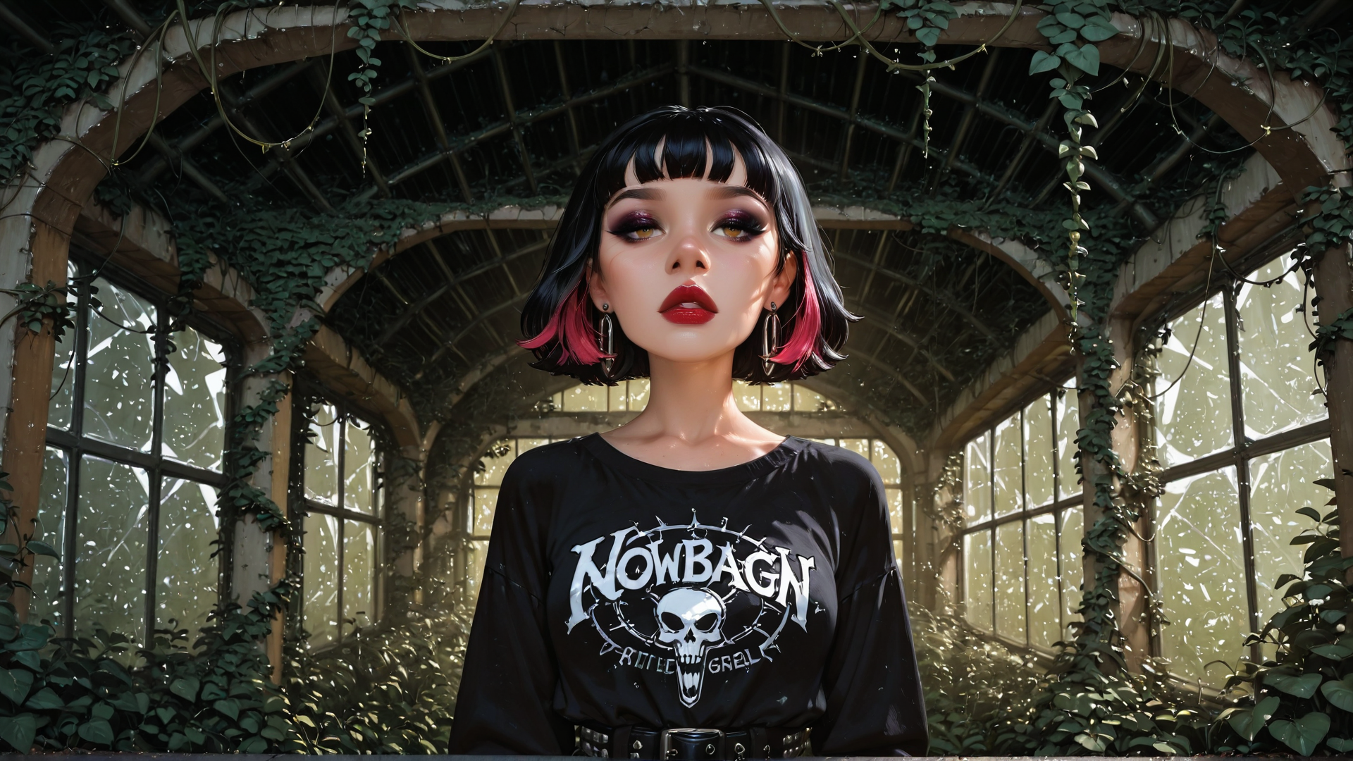 AI generated wallpaper featuring woman, skull, t-shirt, greenhouse, plants, glasses, earrings, hair