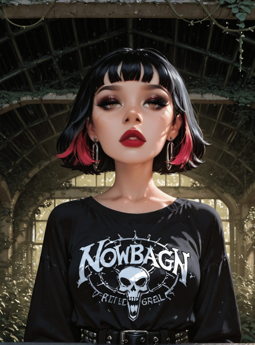 woman, skull, t-shirt, greenhouse, plants, glasses, earrings, hair