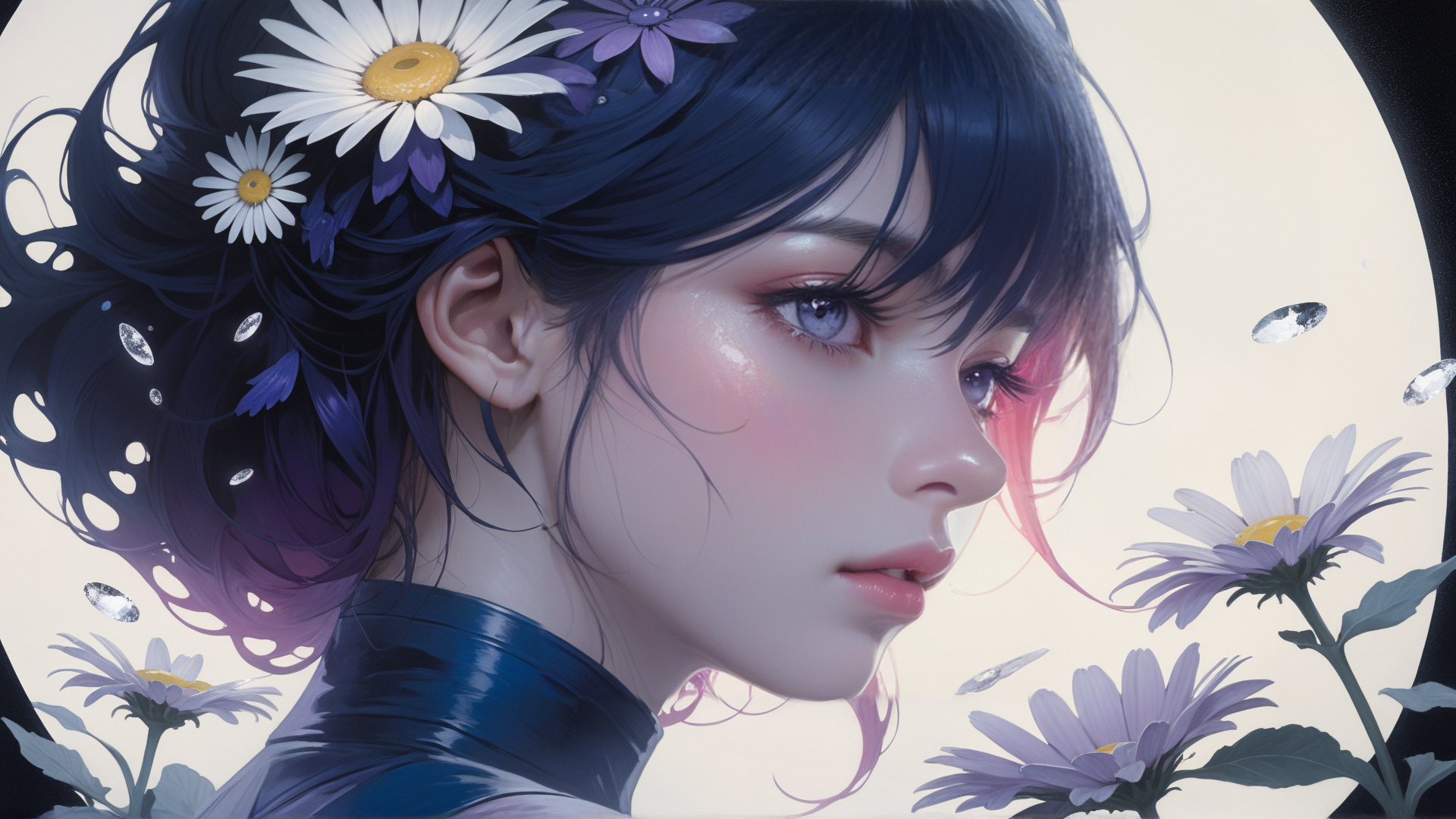 AI generated wallpaper featuring girl, flowers, daisies