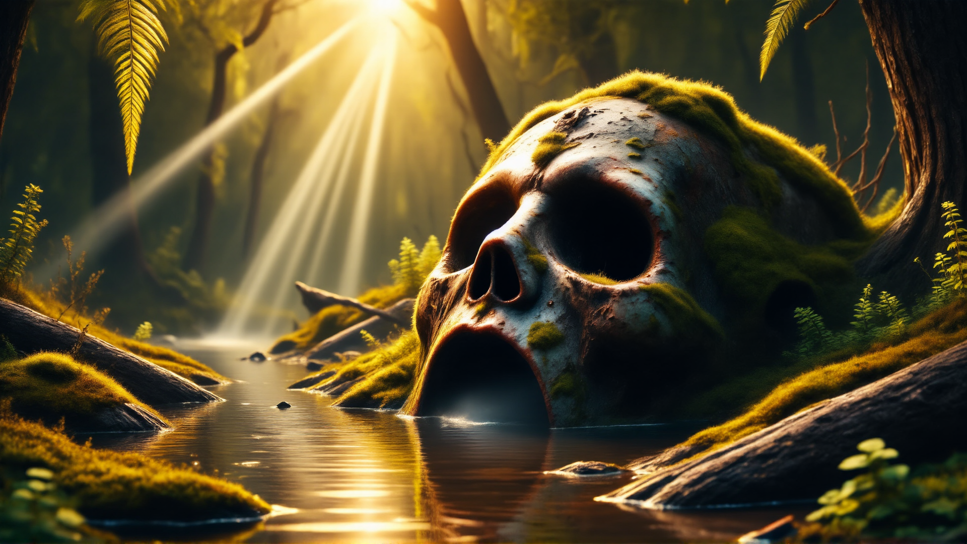 AI generated wallpaper featuring skull, forest, river