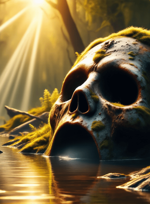 skull, forest, river