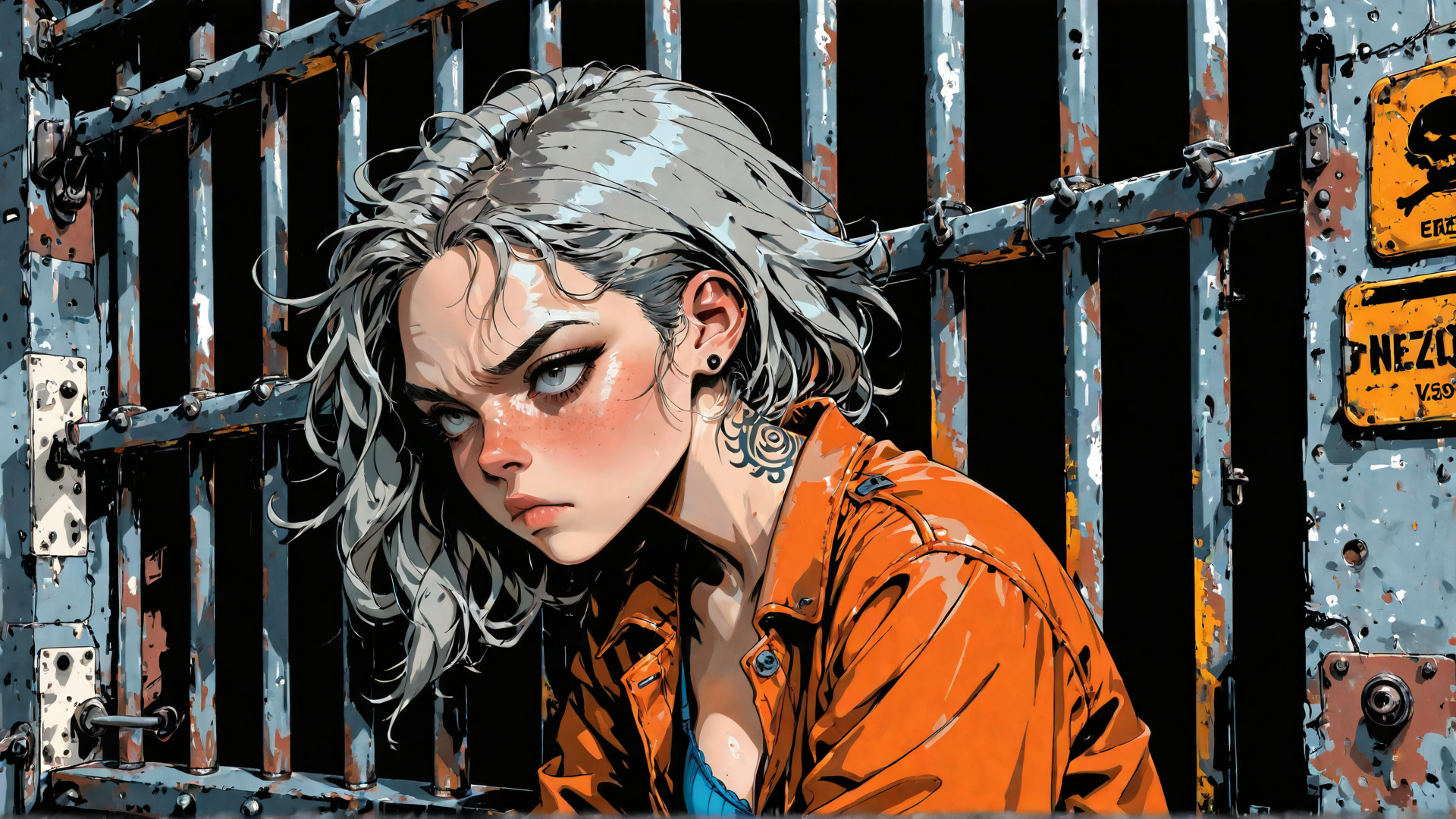 AI generated wallpaper featuring woman, prison bars, tattoo, jacket