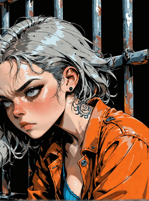 woman, prison bars, tattoo, jacket