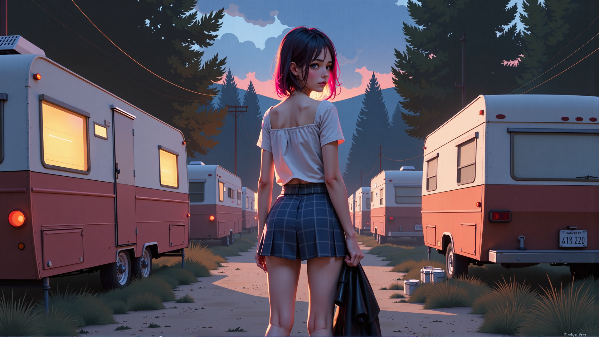 AI generated wallpaper featuring girl, camper, trailer, trees, sunset, skirt, top, license plate, road, bushes