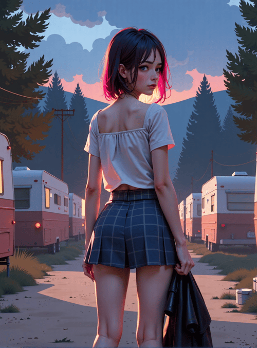 girl, camper, trailer, trees, sunset, skirt, top, license plate, road, bushes