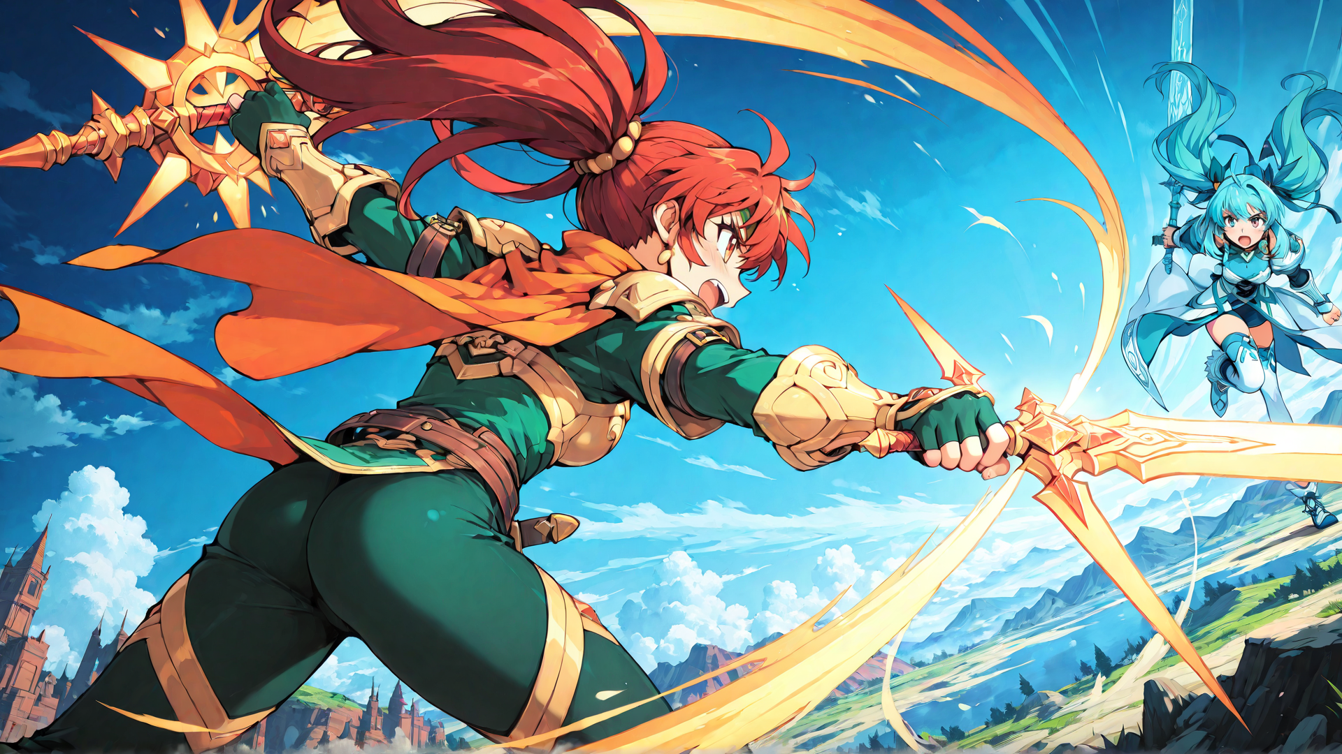 AI generated wallpaper featuring warrior, sword, sword, girl, blue hair, red hair, armor, banner, castle, mountain
