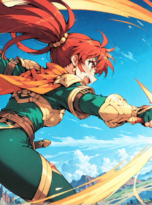 warrior, sword, sword, girl, blue hair, red hair, armor, banner, castle, mountain