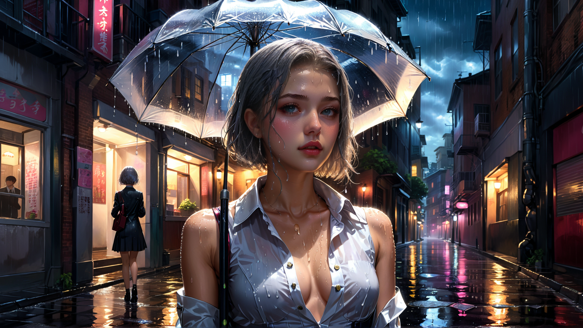 AI generated wallpaper featuring woman, umbrella, street, rain, buildings, storefront