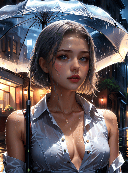 woman, umbrella, street, rain, buildings, storefront