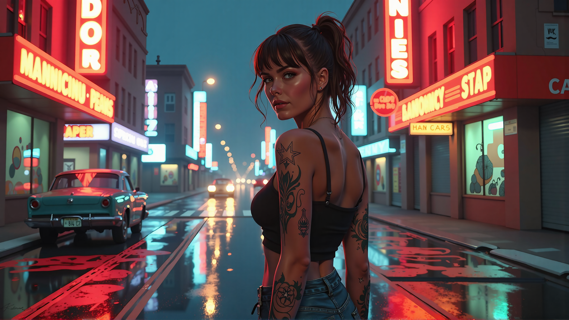 AI generated wallpaper featuring woman, street, tattoo, neon, car, city