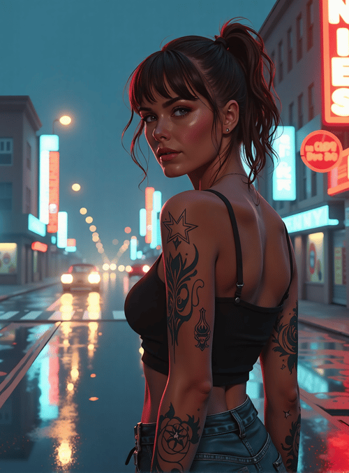 woman, street, tattoo, neon, car, city